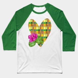 Caribbean Heart and Hibiscus Madras Tartan Fabric Baseball T-Shirt